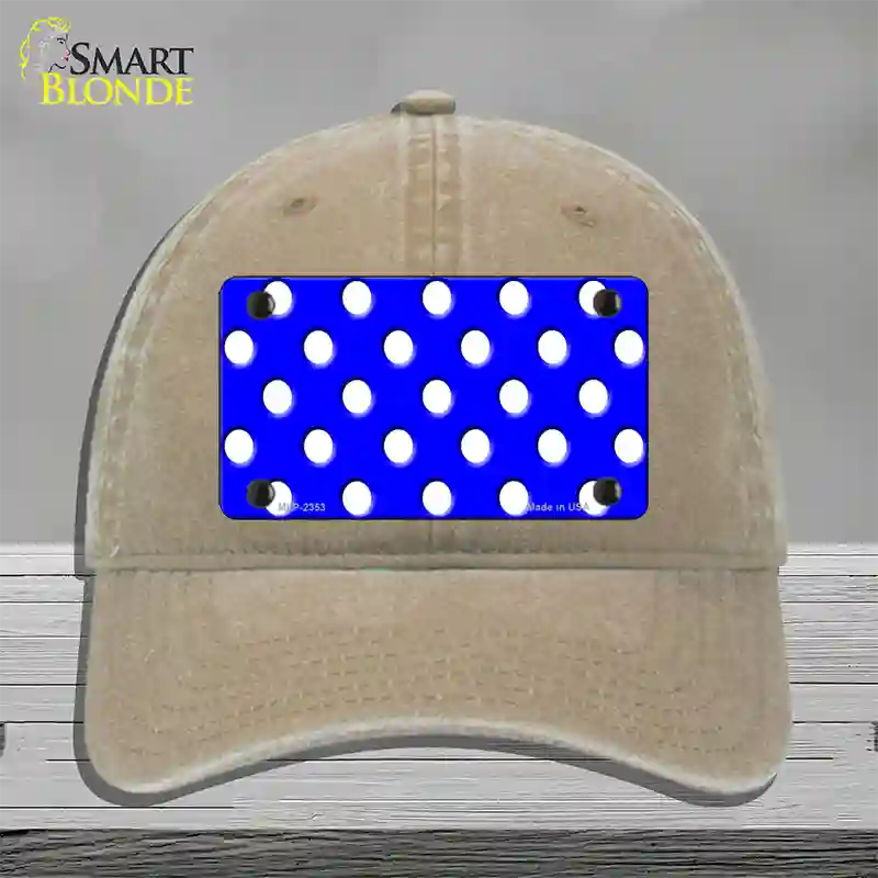 White Polka Dots Royal Blue Novelty License Plate Hat Unconstructed Cotton / Khaki