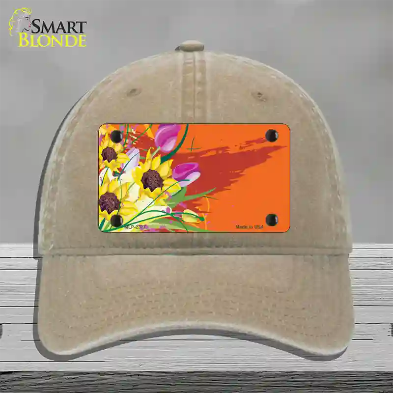 Floral Bouquet Offset Novelty License Plate Hat Unconstructed Cotton / Khaki