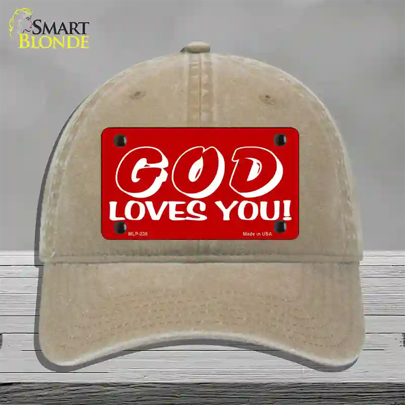 God Loves You Novelty License Plate Hat Unconstructed Cotton / Khaki