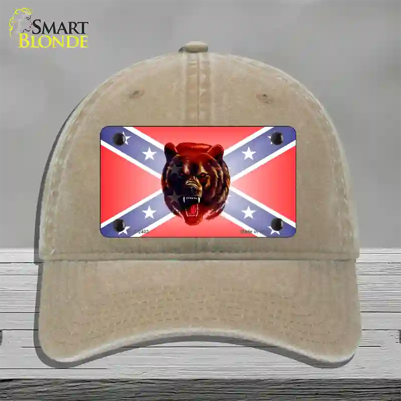 Confederate Flag Grizzly Bear Novelty License Plate Hat Unconstructed Cotton / Khaki