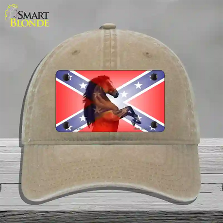 Confederate Flag Stallion Horse Novelty License Plate Hat Unconstructed Cotton / Khaki