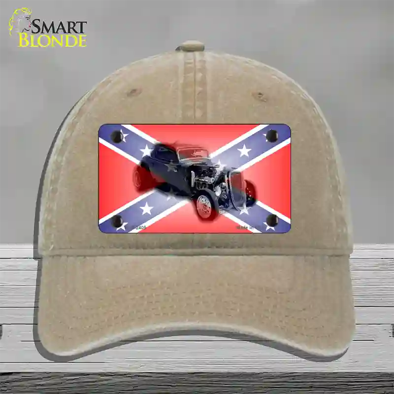 Confederate Flag Hot Rod Novelty License Plate Hat Unconstructed Cotton / Khaki