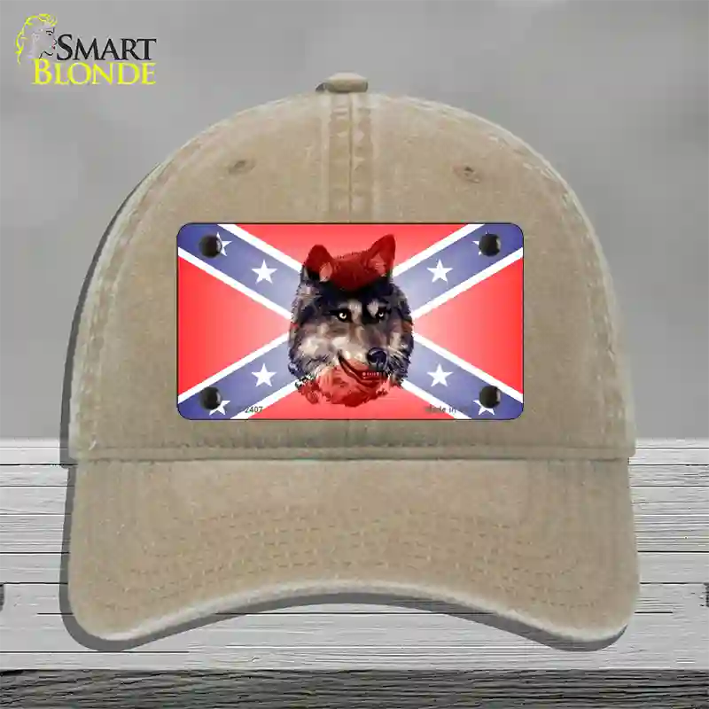 Confederate Flag Faded Wolf Novelty License Plate Hat Unconstructed Cotton / Khaki