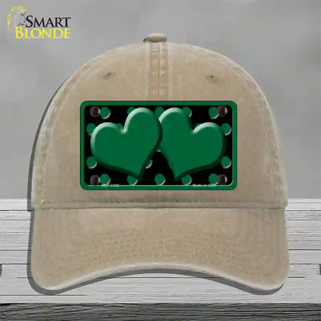 Green Black Polka Dot Green Center Hearts Novelty License Plate Hat Unconstructed Cotton / Khaki