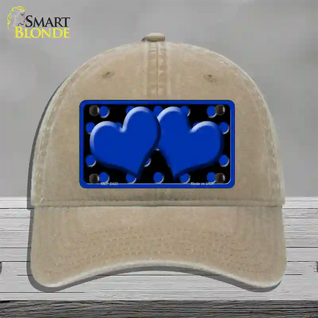 Blue Black Polka Dot Blue Center Hearts Novelty License Plate Hat Unconstructed Cotton / Khaki