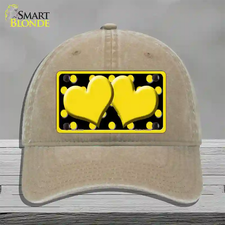 Yellow Black Polka Dot Yellow Center Hearts Novelty License Plate Hat Unconstructed Cotton / Khaki