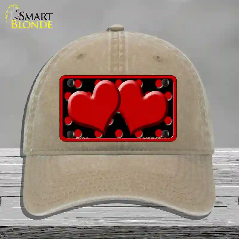 Red Black Polka Dot Red Center Hearts Novelty License Plate Hat Unconstructed Cotton / Khaki