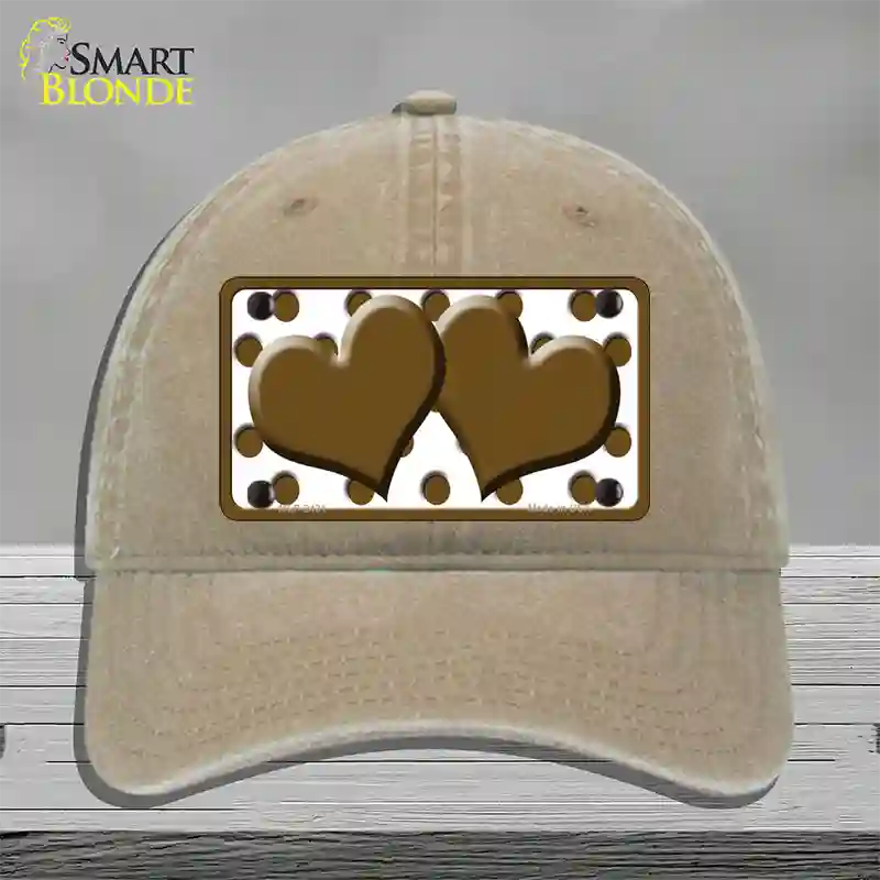 Brown White Polka Dot Brown Centered Hearts Novelty License Plate Hat Unconstructed Cotton / Khaki