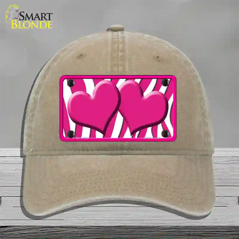 Hot Pink White Zebra Hot Pink Centered Hearts Novelty License Plate Hat Unconstructed Cotton / Khaki