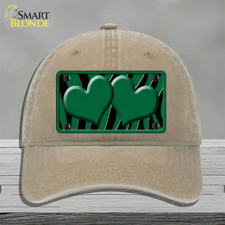 Green Black Zebra Green Centered Hearts Novelty License Plate Hat Unconstructed Cotton / Khaki