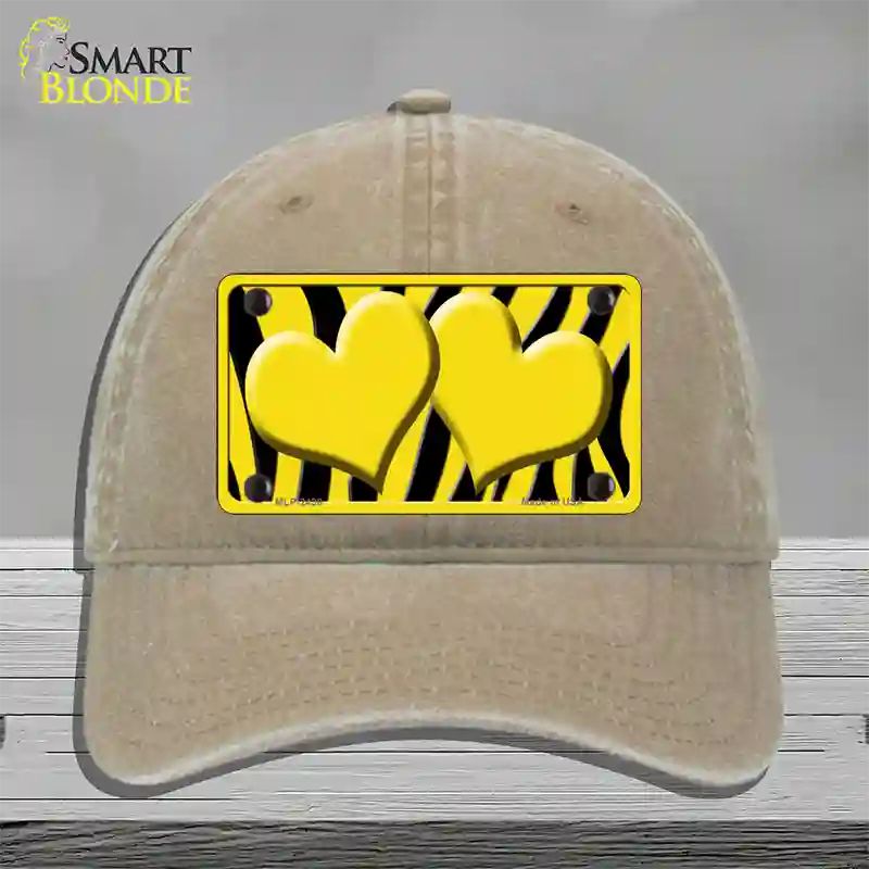 Yellow Black Zebra Yellow Centered Hearts Novelty License Plate Hat Unconstructed Cotton / Khaki