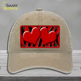 Red Black Zebra Red Centered Hearts Novelty License Plate Hat Unconstructed Cotton / Khaki