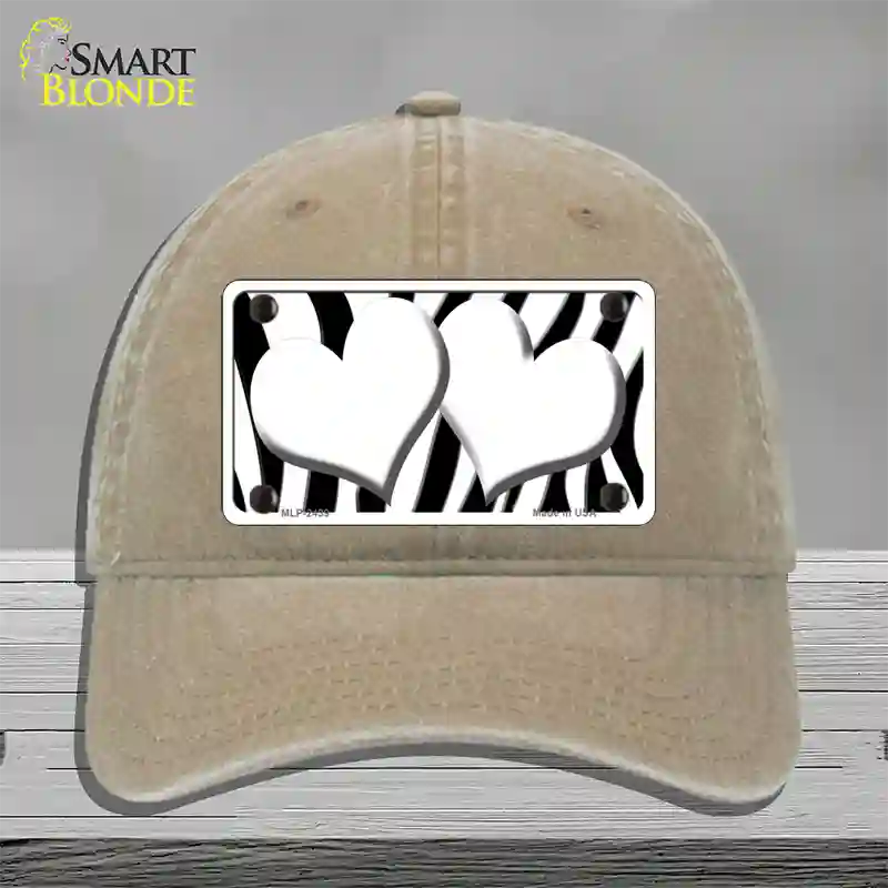 White Black Zebra Red Centered Hearts Novelty License Plate Hat Unconstructed Cotton / Khaki