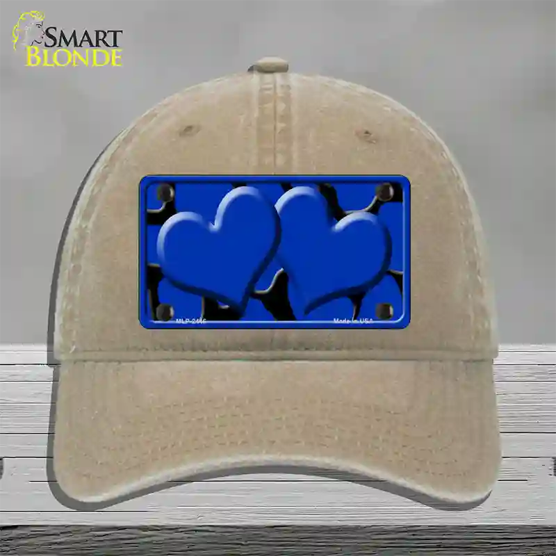 Blue Black Giraffe Blue Centered Hearts Novelty License Plate Hat Unconstructed Cotton / Khaki