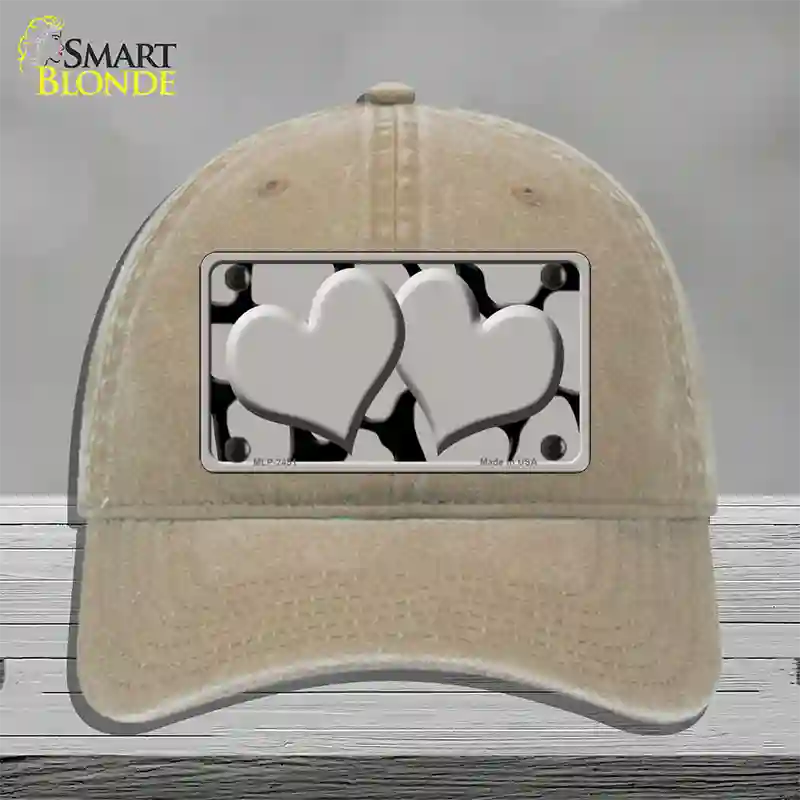 Grey Black Giraffe Grey Centered Hearts Novelty License Plate Hat Unconstructed Cotton / Khaki