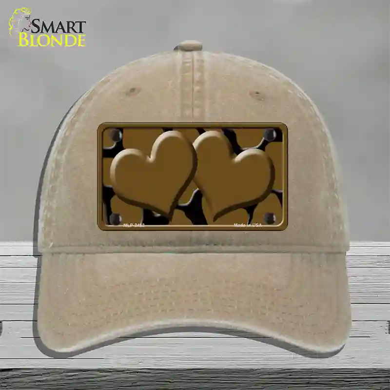 Brown Black Giraffe Brown Centered Hearts Novelty License Plate Hat Unconstructed Cotton / Khaki