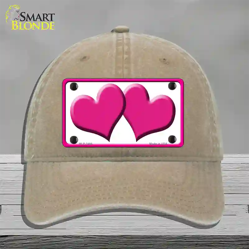 Solid Pink Centered Hearts White Novelty License Plate Hat Unconstructed Cotton / Khaki