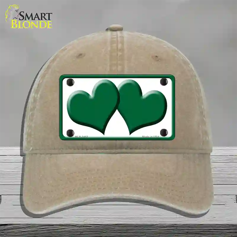 Solid Green Centered Hearts White Novelty License Plate Hat Unconstructed Cotton / Khaki