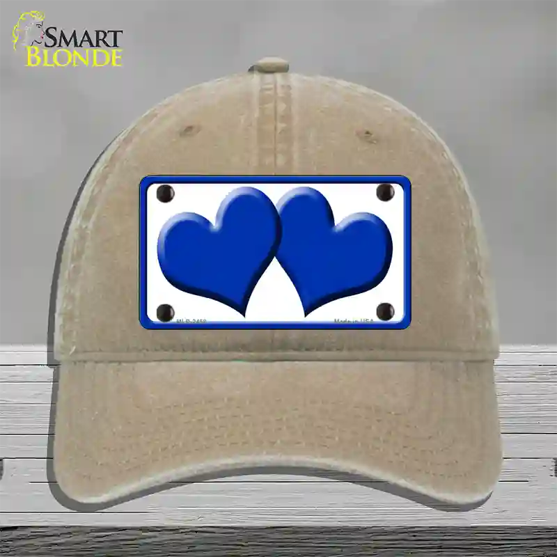 Solid Blue Centered Hearts White Novelty License Plate Hat Unconstructed Cotton / Khaki