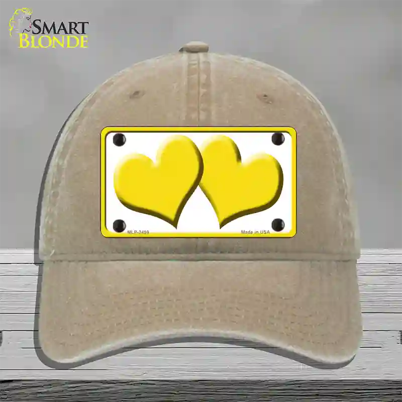 Solid Yellow Centered Hearts White Novelty License Plate Hat Unconstructed Cotton / Khaki