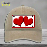 Solid Red Centered Hearts White Novelty License Plate Hat Unconstructed Cotton / Khaki