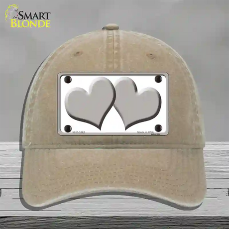 Solid Grey Centered Hearts White Novelty License Plate Hat Unconstructed Cotton / Khaki