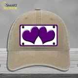 Solid Purple Centered Hearts White Novelty License Plate Hat Unconstructed Cotton / Khaki