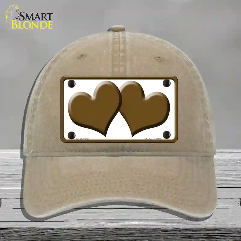 Solid Brown Centered Hearts White Novelty License Plate Hat Unconstructed Cotton / Khaki