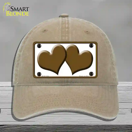 Solid Brown Centered Hearts White Novelty License Plate Hat Unconstructed Cotton / Khaki