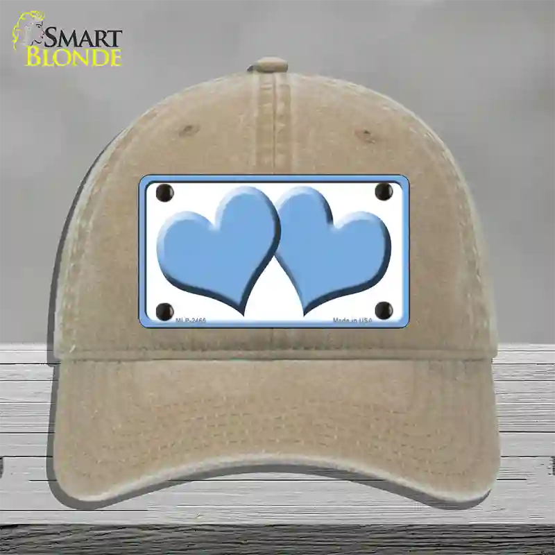 Solid Light Blue Centered Hearts White Novelty License Plate Hat Unconstructed Cotton / Khaki