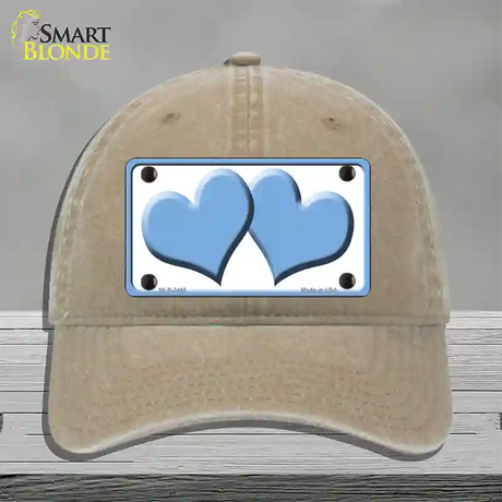 Solid Light Blue Centered Hearts White Novelty License Plate Hat Unconstructed Cotton / Khaki