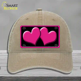 Solid Pink Centered Hearts Black Novelty License Plate Hat Unconstructed Cotton / Khaki