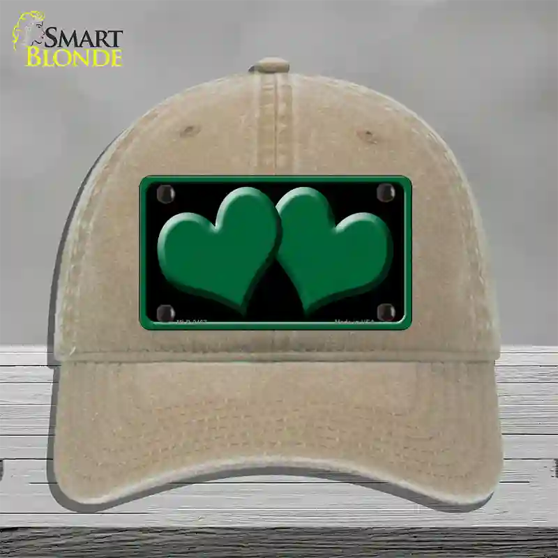 Solid Green Centered Hearts Black Novelty License Plate Hat Unconstructed Cotton / Khaki