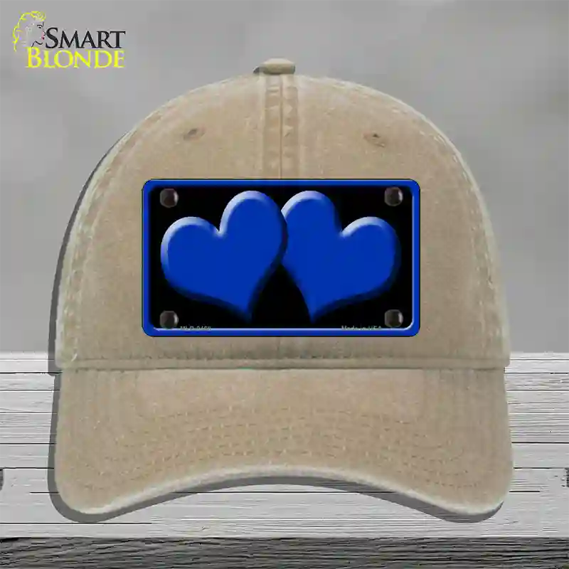 Solid Blue Centered Hearts Black Novelty License Plate Hat Unconstructed Cotton / Khaki