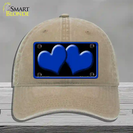 Solid Blue Centered Hearts Black Novelty License Plate Hat Unconstructed Cotton / Khaki