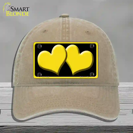 Solid Yellow Centered Hearts Black Novelty License Plate Hat Unconstructed Cotton / Khaki