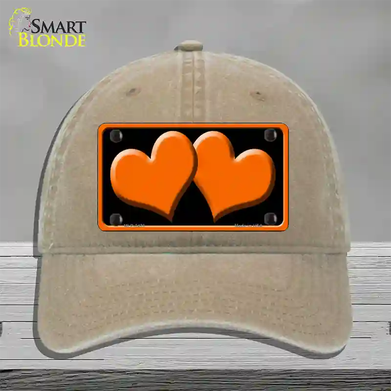 Solid Orange Centered Hearts Black Novelty License Plate Hat Unconstructed Cotton / Khaki