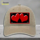 Solid Red Centered Hearts Black Novelty License Plate Hat Unconstructed Cotton / Khaki