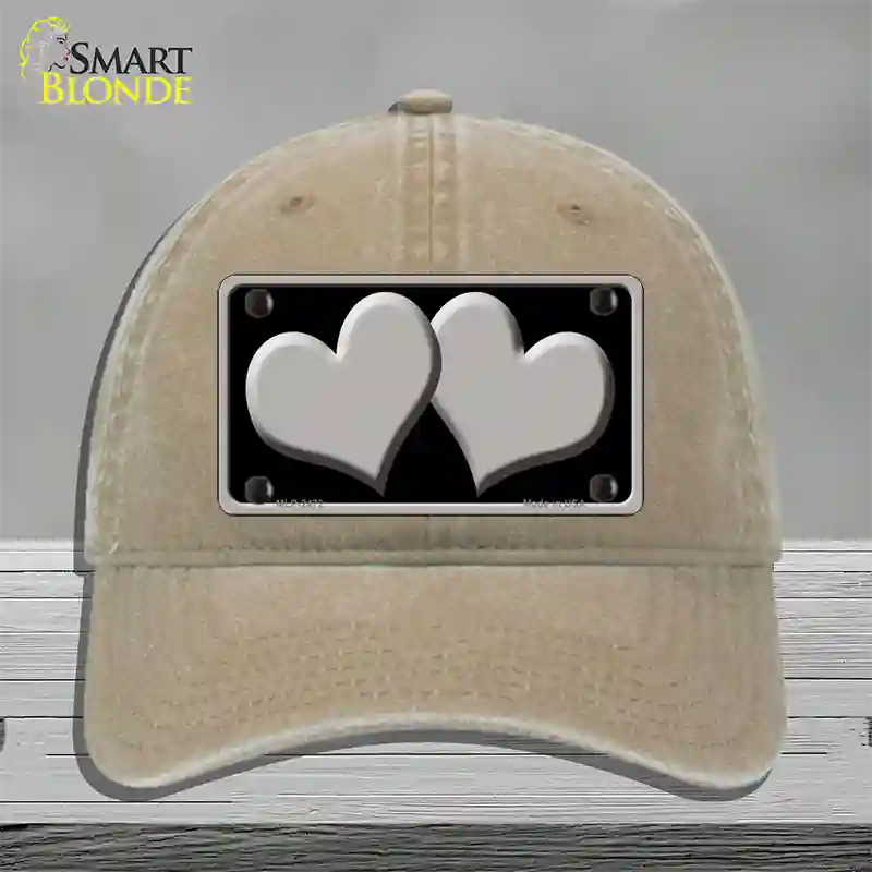 Solid Grey Centered Hearts Black Novelty License Plate Hat Unconstructed Cotton / Khaki