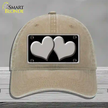 Solid Grey Centered Hearts Black Novelty License Plate Hat Unconstructed Cotton / Khaki