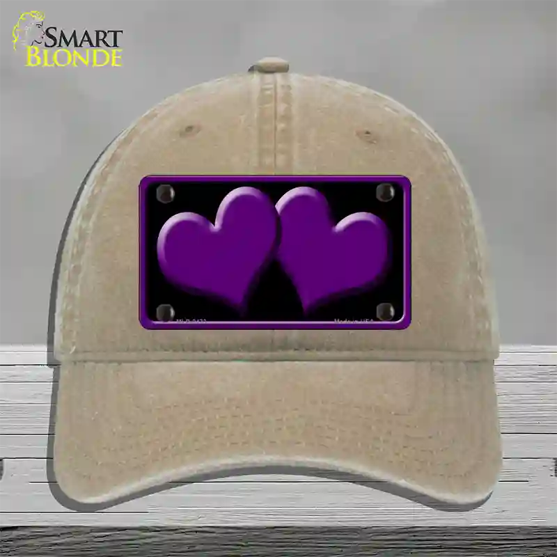 Solid Purple Centered Hearts Black Novelty License Plate Hat Unconstructed Cotton / Khaki