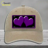 Solid Purple Centered Hearts Black Novelty License Plate Hat Unconstructed Cotton / Khaki