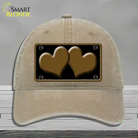 Solid Brown Centered Hearts Black Novelty License Plate Hat Unconstructed Cotton / Khaki