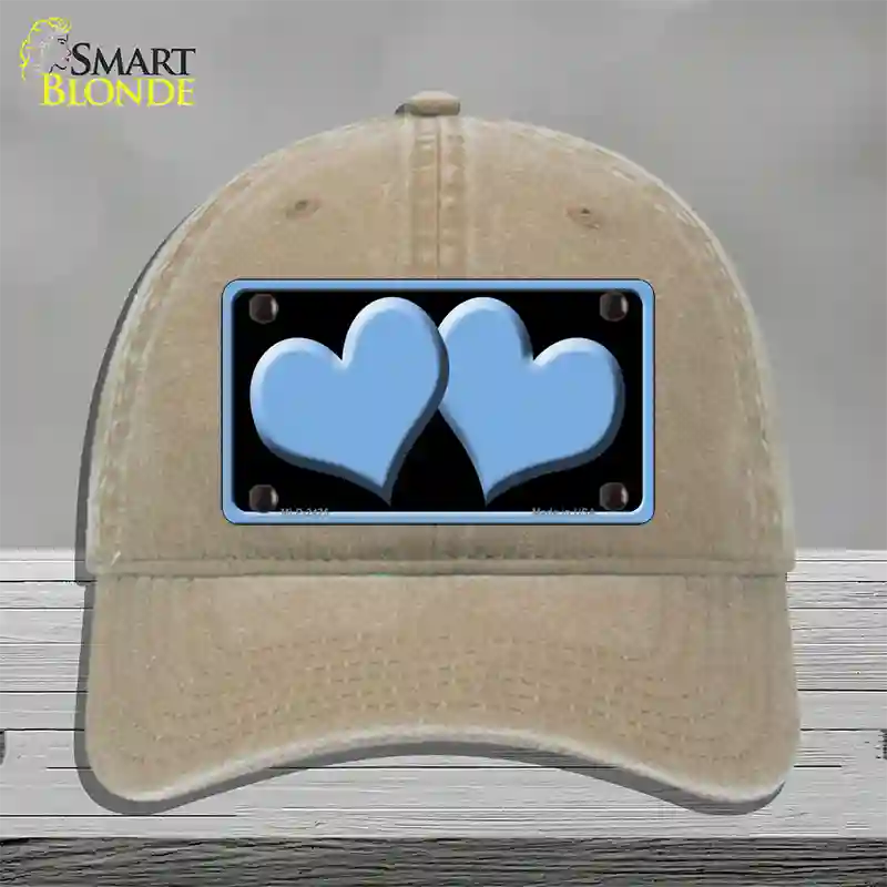 Solid Light Blue Centered Hearts Black Novelty License Plate Hat Unconstructed Cotton / Khaki