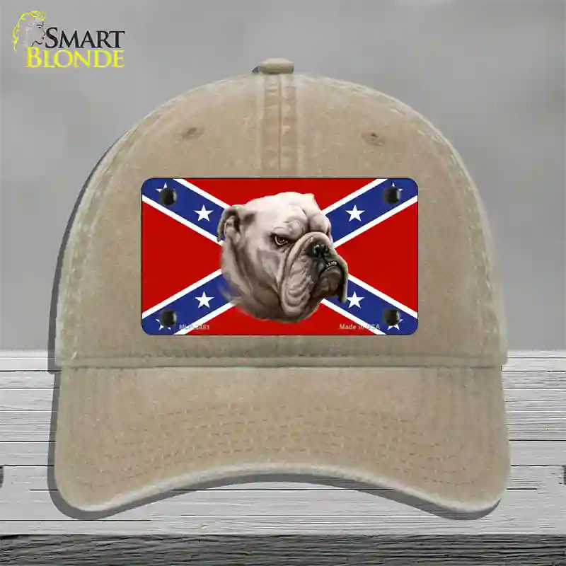 Confederate Flag Bulldog Novelty License Plate Hat Unconstructed Cotton / Khaki