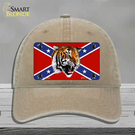 Confederate Flag Tiger Novelty License Plate Hat Unconstructed Cotton / Khaki