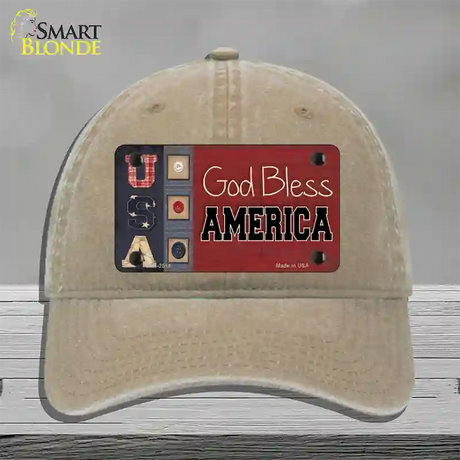 God Bless America Quilt Novelty License Plate Hat Unconstructed Cotton / Khaki