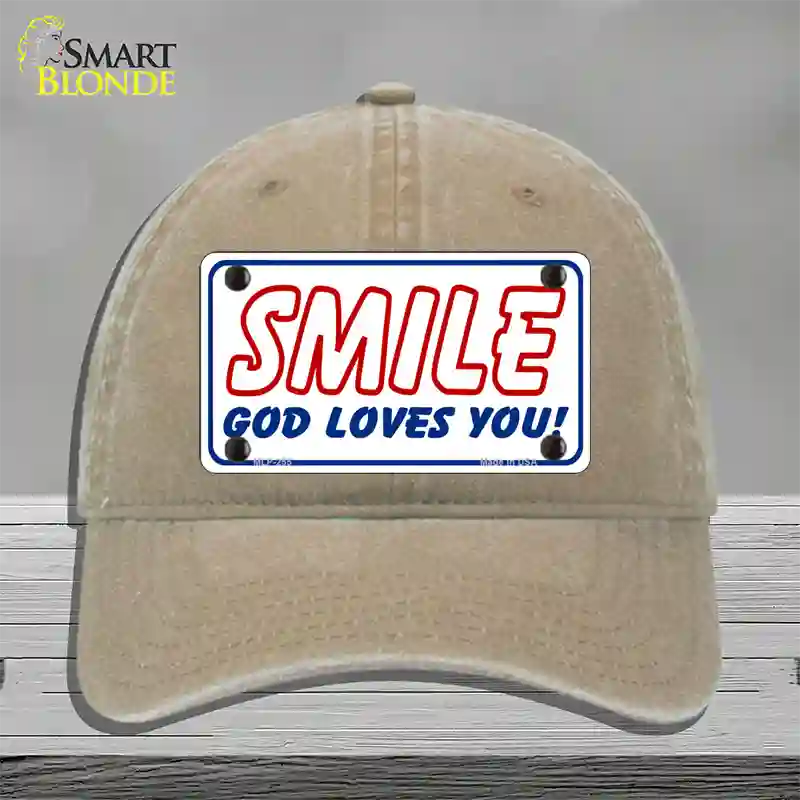 Smile God Loves You Novelty License Plate Hat Unconstructed Cotton / Khaki