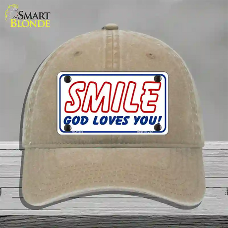 Smile God Loves You Novelty License Plate Hat Unconstructed Cotton / Khaki