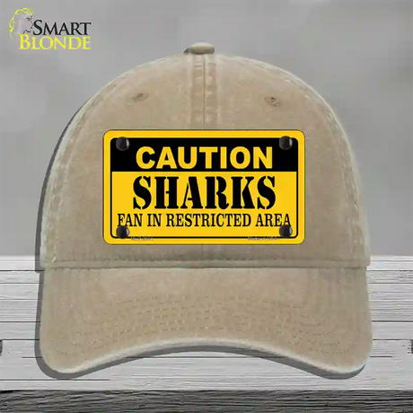 Caution Sharks Novelty License Plate Hat Unconstructed Cotton / Khaki